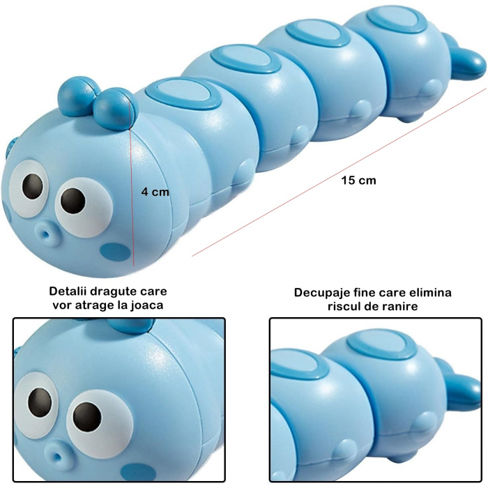 Jucarie mecanica pentru copii Flippy, omida haioasa, material ABS, cu cheita, distractiva, se taraste, se misca, 15 x 4 cm, albastru [2]