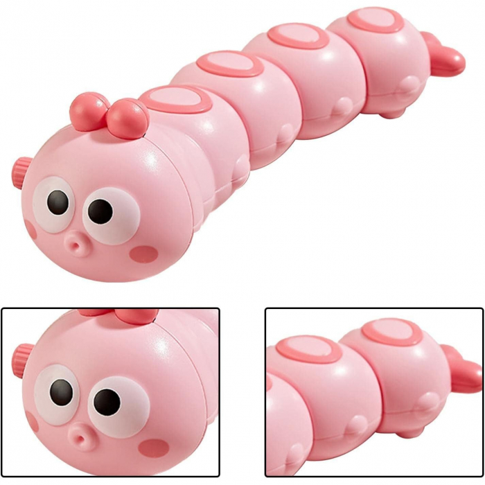 Jucarie mecanica pentru copii Flippy, omida haioasa, material ABS, cu cheita, distractiva, se taraste, se misca, 15 x 4 cm, roz [2]