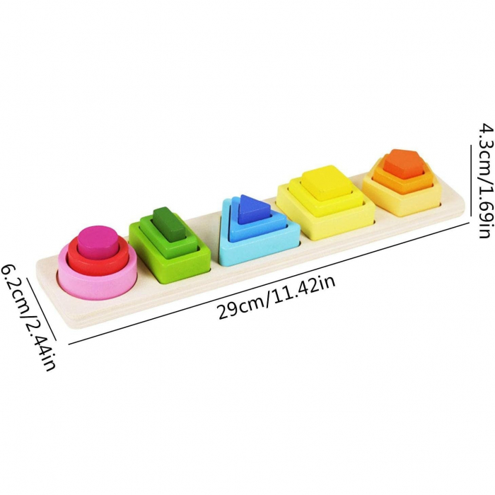 Jucarie Montessori din Lemn, Flippy, Tip Puzzle, cu 5 Forme Asimetrice, 15 Piese, Educativa, Interactiva, Creativa, Model Forme Geometrice, Materiale Non Toxice, +2 Ani, 29x6.5 cm, Multicolor [11]