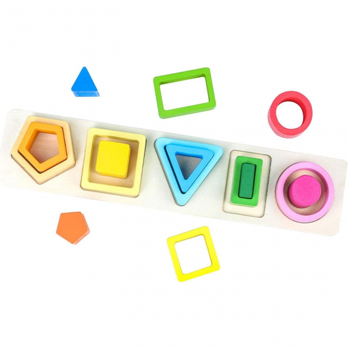 Jucarie Montessori din Lemn, Flippy, Tip Puzzle, cu 5 Forme Asimetrice, 15 Piese, Educativa, Interactiva, Creativa, Model Forme Geometrice, Materiale Non Toxice, +2 Ani, 29x6.5 cm, Multicolor [6]