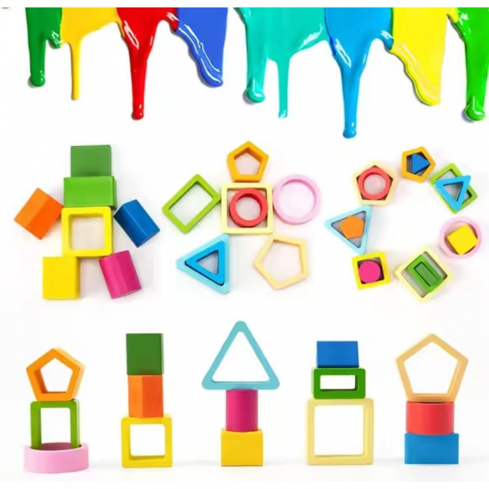Jucarie Montessori din Lemn, Flippy, Tip Puzzle, cu 5 Forme Asimetrice, 15 Piese, Educativa, Interactiva, Creativa, Model Forme Geometrice, Materiale Non Toxice, +2 Ani, 29x6.5 cm, Multicolor [3]