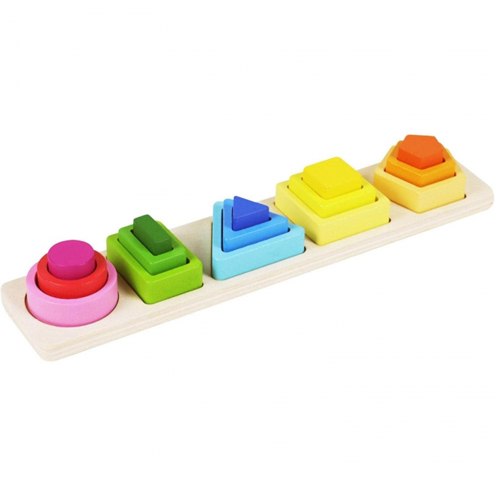 Jucarie Montessori din Lemn, Flippy, Tip Puzzle, cu 5 Forme Asimetrice, 15 Piese, Educativa, Interactiva, Creativa, Model Forme Geometrice, Materiale Non Toxice, +2 Ani, 29x6.5 cm, Multicolor [1]