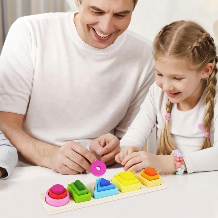 Jucarie Montessori din Lemn, Flippy, Tip Puzzle, cu 5 Forme Asimetrice, 15 Piese, Educativa, Interactiva, Creativa, Model Forme Geometrice, Materiale Non Toxice, +2 Ani, 29x6.5 cm, Multicolor [12]