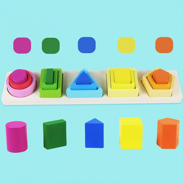 Jucarie Montessori din Lemn, Flippy, Tip Puzzle, cu 5 Forme Asimetrice, 15 Piese, Educativa, Interactiva, Creativa, Model Forme Geometrice, Materiale Non Toxice, +2 Ani, 29x6.5 cm, Multicolor [9]