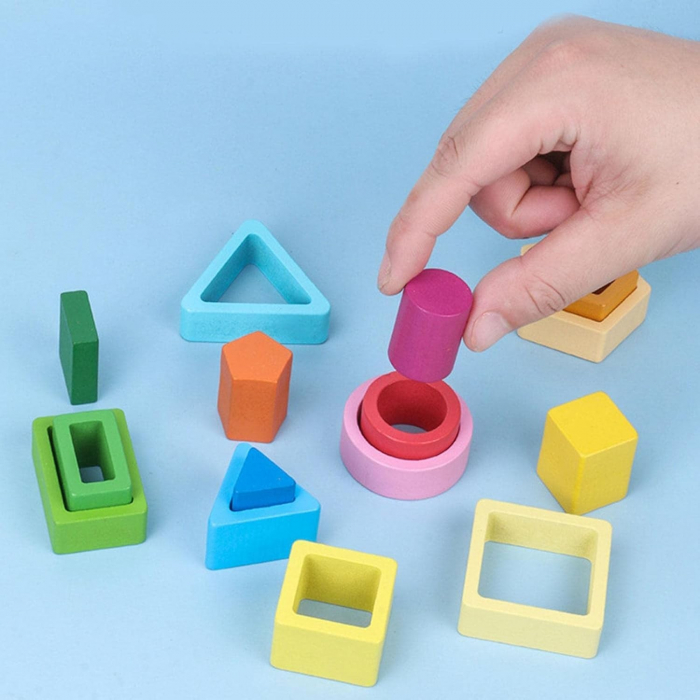 Jucarie Montessori din Lemn, Flippy, Tip Puzzle, cu 5 Forme Asimetrice, 15 Piese, Educativa, Interactiva, Creativa, Model Forme Geometrice, Materiale Non Toxice, +2 Ani, 29x6.5 cm, Multicolor [10]