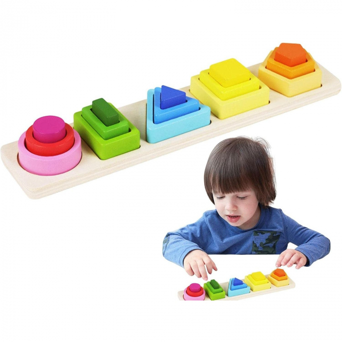 Jucarie Montessori din Lemn, Flippy, Tip Puzzle, cu 5 Forme Asimetrice, 15 Piese, Educativa, Interactiva, Creativa, Model Forme Geometrice, Materiale Non Toxice, +2 Ani, 29x6.5 cm, Multicolor [7]