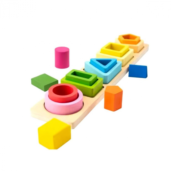 Jucarie Montessori din Lemn, Flippy, Tip Puzzle, cu 5 Forme Asimetrice, 15 Piese, Educativa, Interactiva, Creativa, Model Forme Geometrice, Materiale Non Toxice, +2 Ani, 29x6.5 cm, Multicolor [5]