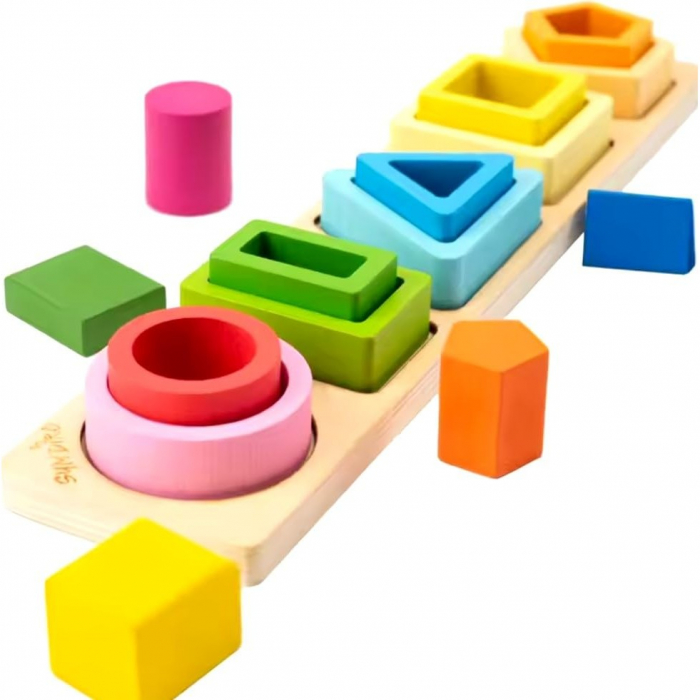 Jucarie Montessori din Lemn, Flippy, Tip Puzzle, cu 5 Forme Asimetrice, 15 Piese, Educativa, Interactiva, Creativa, Model Forme Geometrice, Materiale Non Toxice, +2 Ani, 29x6.5 cm, Multicolor [4]