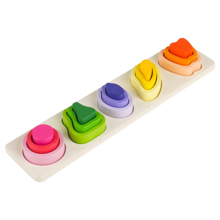 Jucarie Montessori din Lemn, Flippy, Tip Puzzle, cu 5 Forme Asimetrice, 15 Piese, Model Fructe, Educativa, Interactiva, Creativa, Materiale Non Toxice, +2 Ani, 29x6.5 cm, Multicolor [1]
