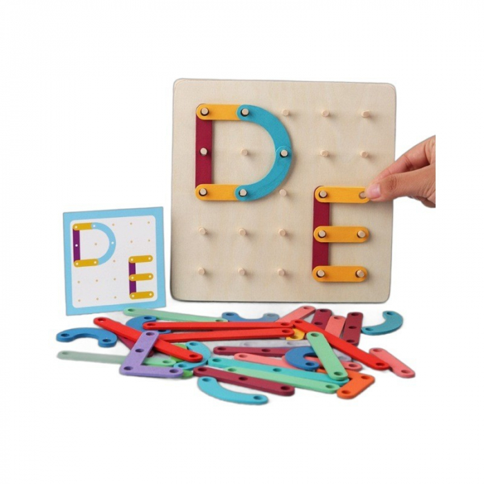Jucarie Montessori Pegboard, Flippy, din Lemn, Tip Puzzle, Forme, Litere, Educativ, 17.8 x 17.8 x 1.5 cm, Multicolor [1]