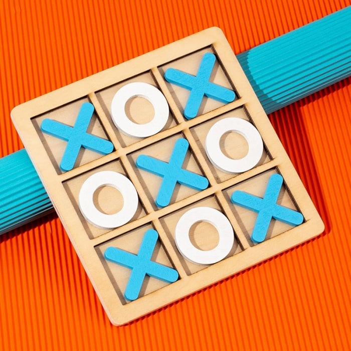 Jucarie Montessori Tic Tac Toe, Flippy, Educativa, Interactiva, din lemn, X si O, 9 Piese, 14.3x14.3 cm, Albastru Alb [3]