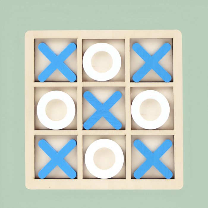 Jucarie Montessori Tic Tac Toe, Flippy, Educativa, Interactiva, din lemn, X si O, 9 Piese, 14.3x14.3 cm, Albastru Alb [5]