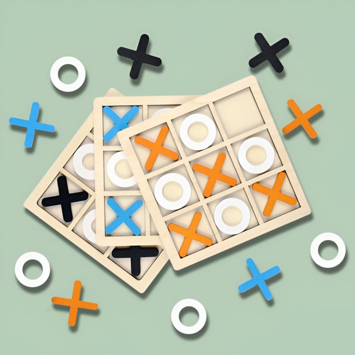 Jucarie Montessori Tic Tac Toe, Flippy, Educativa, Interactiva, din lemn, X si O, 9 Piese, 14.3x14.3 cm, Albastru Alb [8]