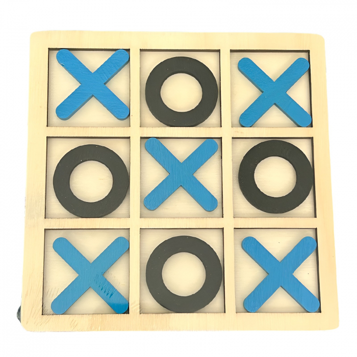 Jucarie Montessori Tic Tac Toe, Flippy, Educativa, Interactiva, din lemn, X si O, 9 Piese, 14.3x14.3 cm, Albastru Negru [1]