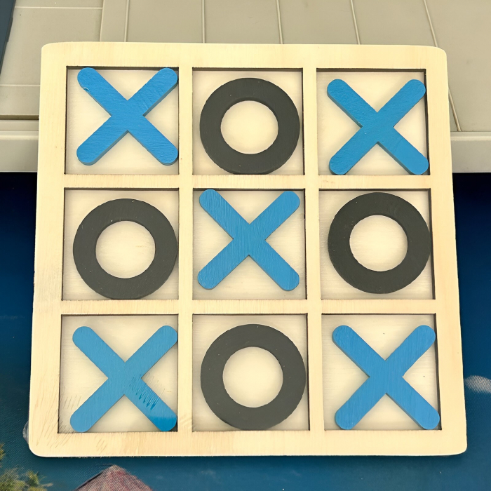 Jucarie Montessori Tic Tac Toe, Flippy, Educativa, Interactiva, din lemn, X si O, 9 Piese, 14.3x14.3 cm, Albastru Negru [4]
