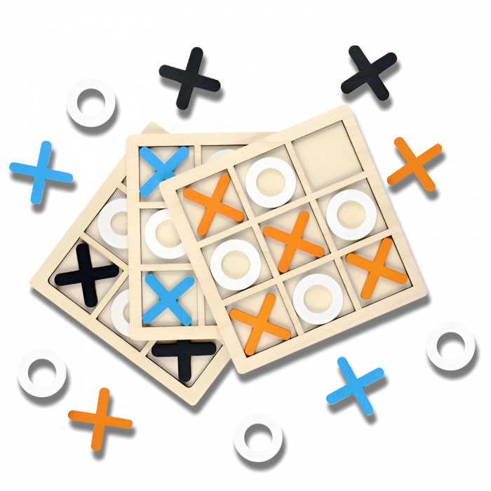 Jucarie Montessori Tic Tac Toe, Flippy, Educativa, Interactiva, din lemn, X si O, 9 Piese, 14.3x14.3 cm, Negru Alb [10]