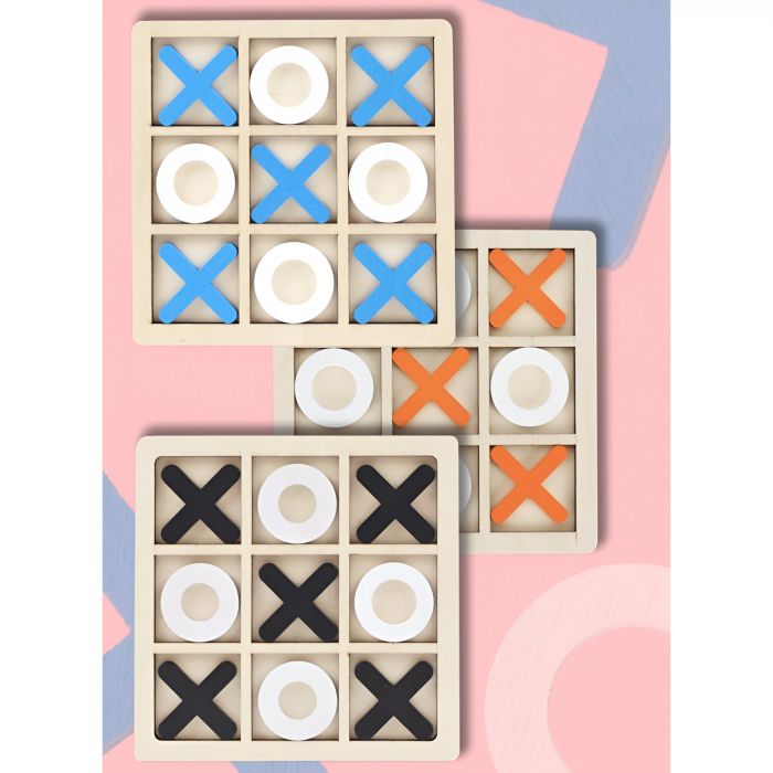 Jucarie Montessori Tic Tac Toe, Flippy, Educativa, Interactiva, din lemn, X si O, 9 Piese, 14.3x14.3 cm, Negru Alb [7]