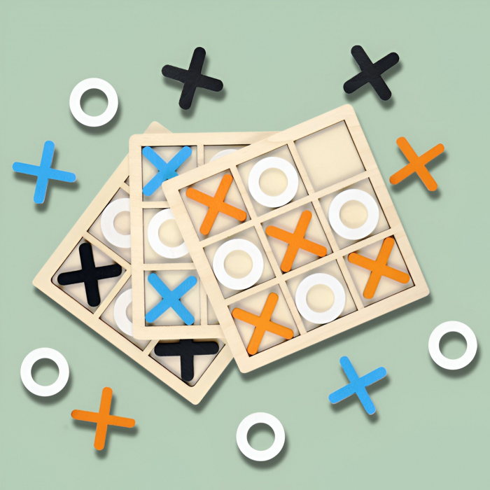 Jucarie Montessori Tic Tac Toe, Flippy, Educativa, Interactiva, din lemn, X si O, 9 Piese, 14.3x14.3 cm, Negru Alb [12]