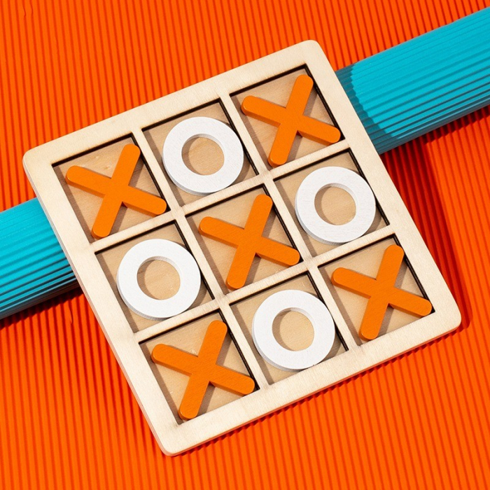 Jucarie Montessori Tic Tac Toe, Flippy, Educativa, Interactiva, din lemn, X si O, 9 Piese, 14.3x14.3 cm, Portocaliu Alb [3]