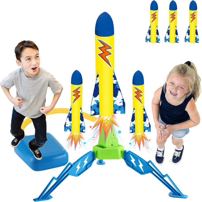 Jucarie pentru Copii, Flippy, Lansator de Rachete cu Piciorul, un Singur Lansator, 3 Rachete cu Lumini, 40.5 cm Inaltime, Multicolor [10]