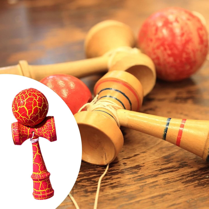 Kendama Crack, Flippy, din Lemn, 18 cm, +14 Ani, Diametru Bila 6 cm, Model Crapat, Rosu [3]