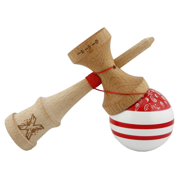 Kendama X CHICANOS Originala, Profesionala, Flippy, Big Cups V2, Super Sticky cu Cupe Mari, Rulment Metalic, din lemn 18 cm, Ata 55 cm, Rosu/Alb [4]