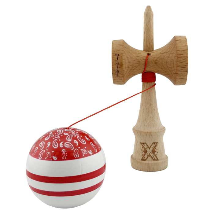 Kendama X CHICANOS Originala, Profesionala, Flippy, Big Cups V2, Super Sticky cu Cupe Mari, Rulment Metalic, din lemn 18 cm, Ata 55 cm, Rosu/Alb [3]