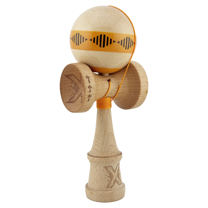 Kendama X FREQUENCY Originala, Profesionala, Flippy, Big Cups V2, Super Sticky cu Cupe Mari, Rulment Metalic, din lemn 18 cm, Ata 55 cm, Portocaliu/Maro [2]