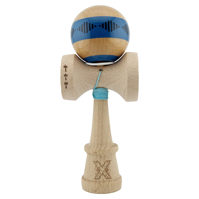 Kendama X Originala FREQUENCY, Profesionala, Flippy, Cupe Mari KING SIZE V3, Super Sticky, Gaura in Baza, Rulment Metalic, din lemn 18 cm, Ata 62/65 cm, Albastru/Maro [2]