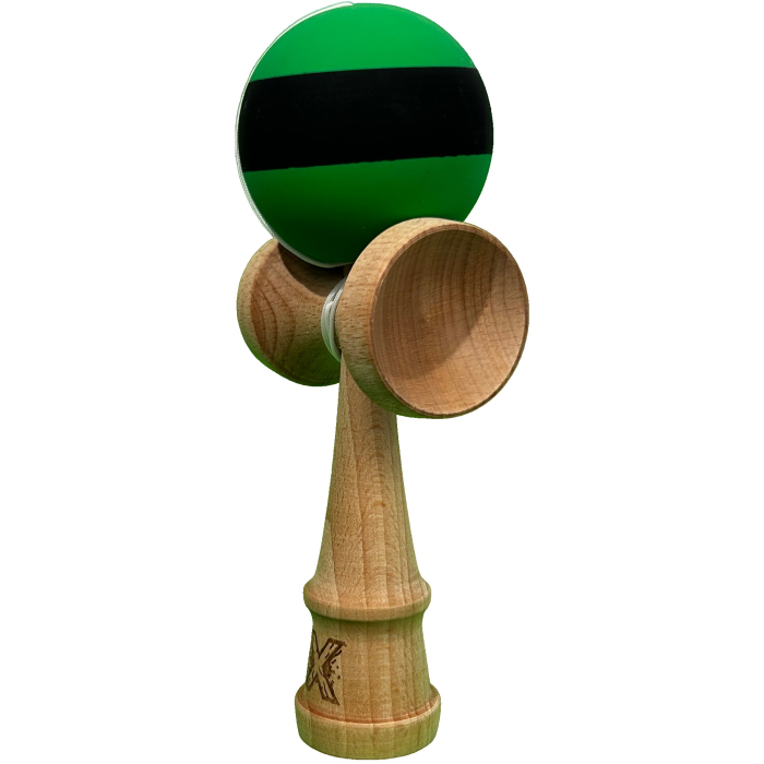 Kendama X Originala, Profesionala, Flippy, 18 cm, din Lemn, Rubber Grip, Negru/Verde [2]