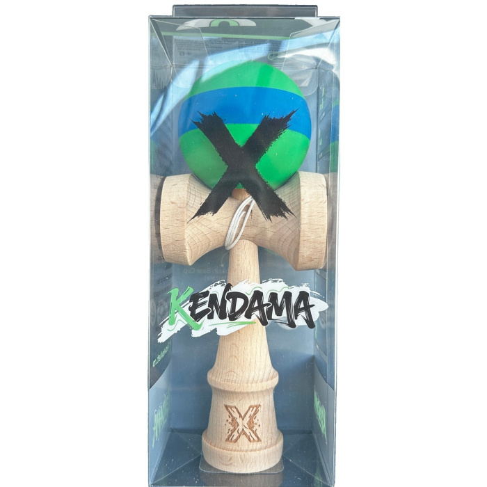 Kendama X Originala, Profesionala, Flippy, 18 cm, din Lemn, Rubber Grip, Verde/Albastru [3]