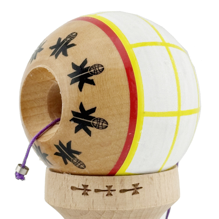 Kendama X Originala, Profesionala, Flippy, Big Cups V2, Model Glob Super Sticky Legendary Cupe Mari, Rulment Metalic cu Ata 55 cm, Alb/Galben/Rosu [5]