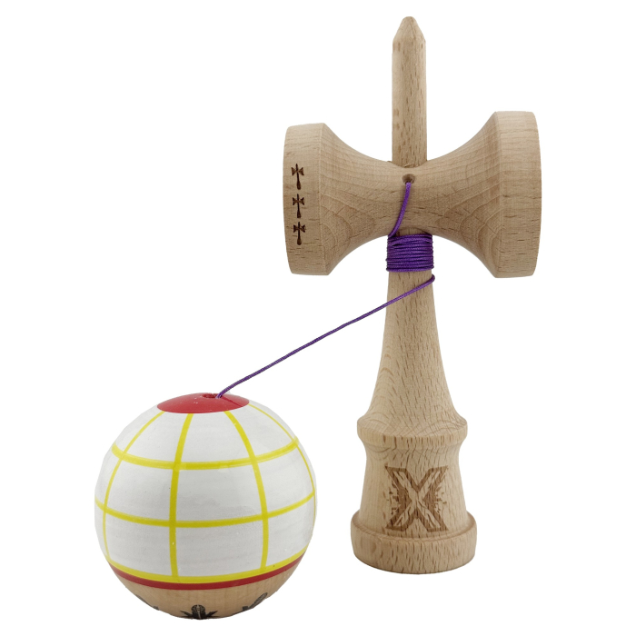 Kendama X Originala, Profesionala, Flippy, Big Cups V2, Model Glob Super Sticky Legendary Cupe Mari, Rulment Metalic cu Ata 55 cm, Alb/Galben/Rosu [3]