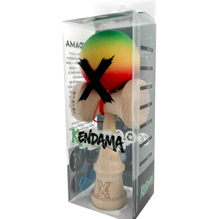 Kendama X Originala, Profesionala, Flippy, Big Cups V2, Rubber Grip cu Cupe Mari, Rulment Metalic cu Ata 55 cm, Verde/Galben/Rosu [6]