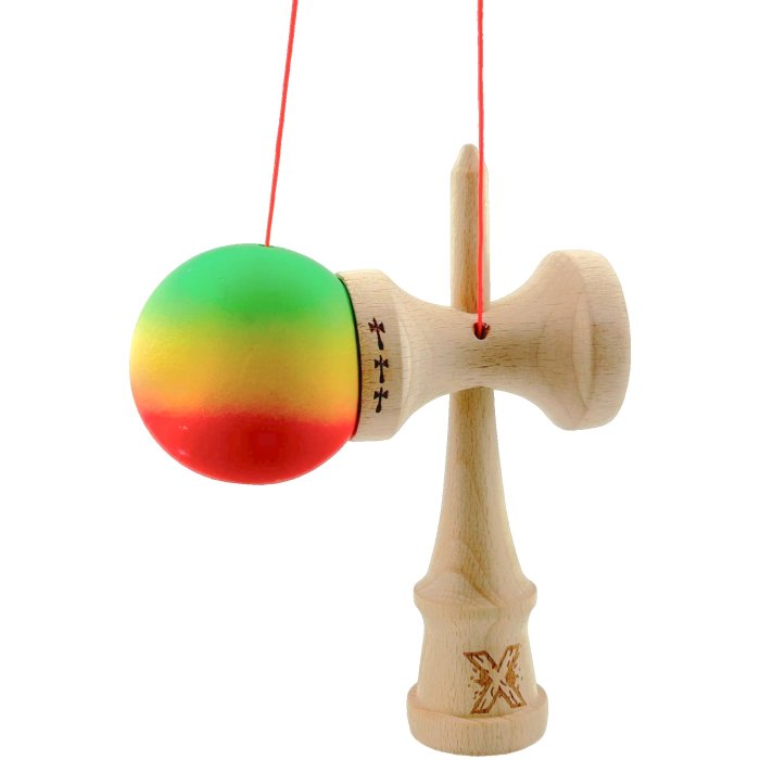 Kendama X Originala, Profesionala, Flippy, Big Cups V2, Rubber Grip cu Cupe Mari, Rulment Metalic cu Ata 55 cm, Verde/Galben/Rosu [4]