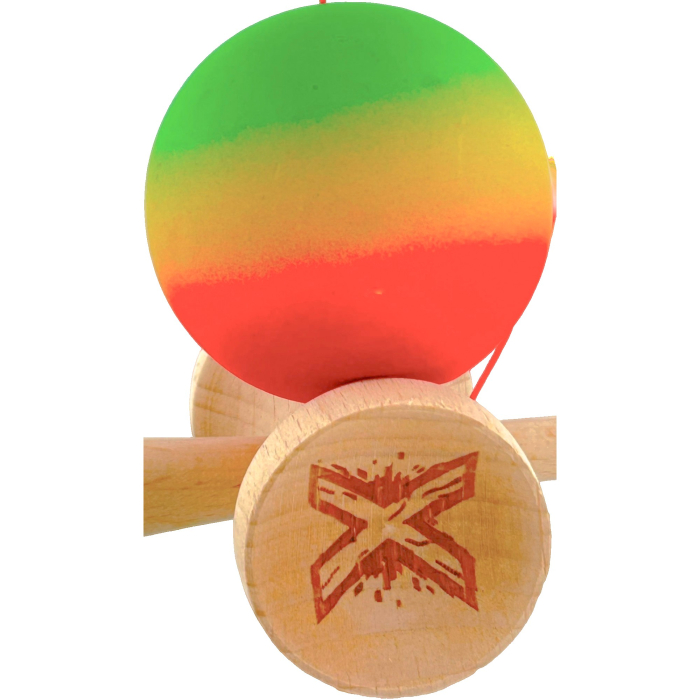 Kendama X Originala, Profesionala, Flippy, Big Cups V2, Rubber Grip cu Cupe Mari, Rulment Metalic cu Ata 55 cm, Verde/Galben/Rosu [5]