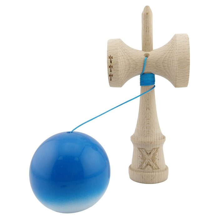Kendama X Originala, Profesionala, Flippy, Big Cups V2, Super Sticky cu Cupe Mari, din lemn 18 cm, Rulment Metalic cu Ata 55 cm, Albastru/Alb [2]