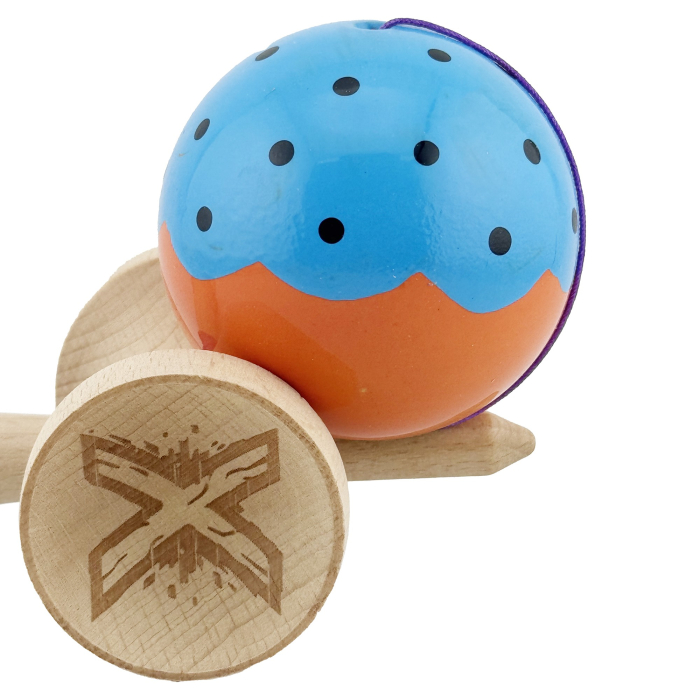 Kendama X Originala, Profesionala, Flippy, Big Cups V2, Super Sticky cu Cupe Mari, din lemn 18 cm, Rulment Metalic cu Ata 55 cm, Albastru/Portocaliu [7]