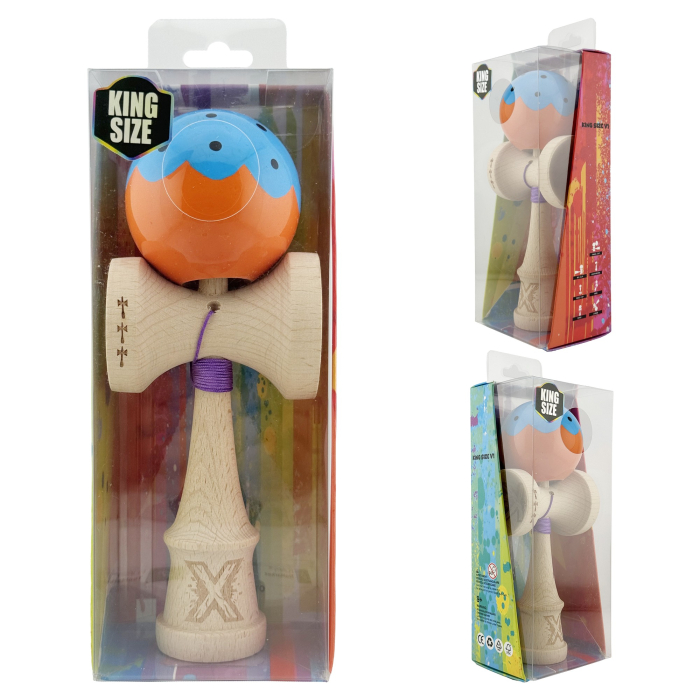 Kendama X Originala, Profesionala, Flippy, Big Cups V2, Super Sticky cu Cupe Mari, din lemn 18 cm, Rulment Metalic cu Ata 55 cm, Albastru/Portocaliu [10]