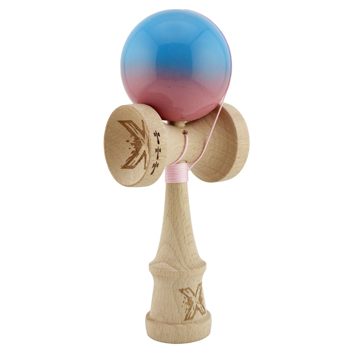 Kendama X Originala, Profesionala, Flippy, Big Cups V2, Super Sticky cu Cupe Mari, din lemn 18 cm, Rulment Metalic cu Ata 55 cm, Albastru/Roz [2]