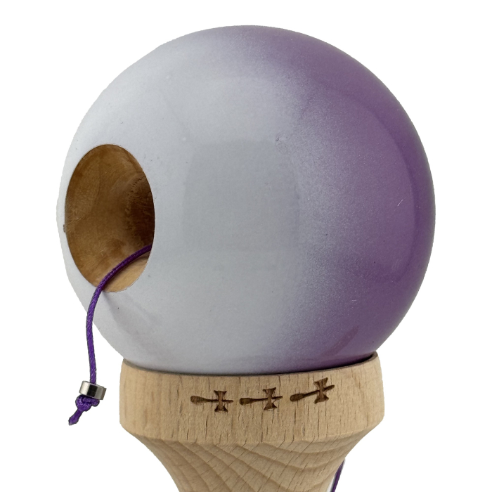 Kendama X Originala, Profesionala, Flippy, Big Cups V2, Super Sticky cu Cupe Mari, din lemn 18 cm, Rulment Metalic cu Ata 55 cm, Mov/Alb [5]