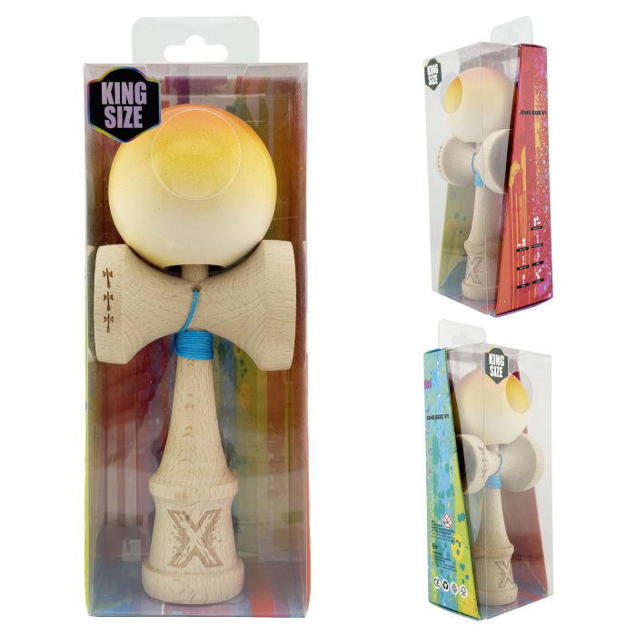Kendama X Originala, Profesionala, Flippy, Big Cups V2, Super Sticky cu Cupe Mari, din lemn 18 cm, Rulment Metalic cu Ata 55 cm, Portocaliu/Galben/Alb [10]