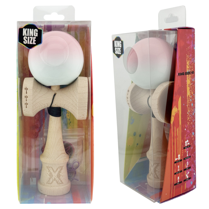 Kendama X Originala, Profesionala, Flippy, Big Cups V2, Super Sticky cu Cupe Mari, din lemn 18 cm, Rulment Metalic cu Ata 55 cm, Roz/Albastru deschis [10]