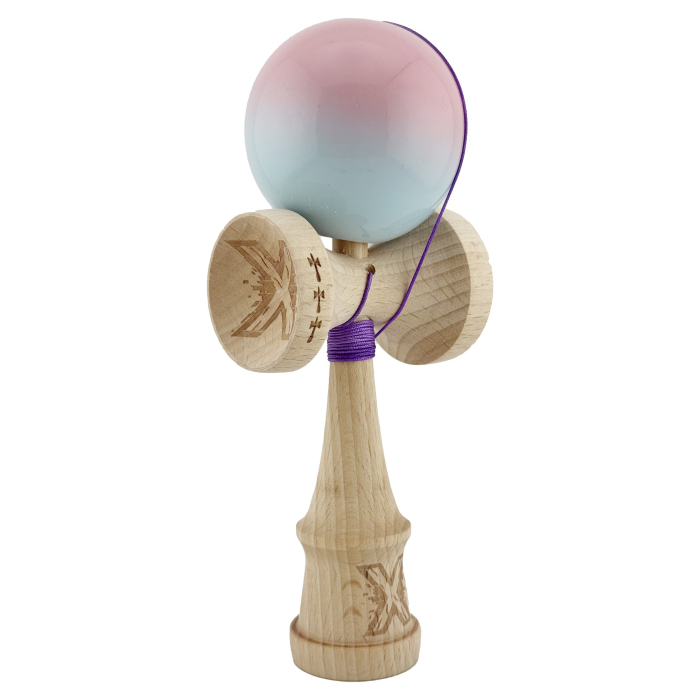 Kendama X Originala, Profesionala, Flippy, Big Cups V2, Super Sticky cu Cupe Mari, din lemn 18 cm, Rulment Metalic cu Ata 55 cm, Roz/Albastru deschis [2]