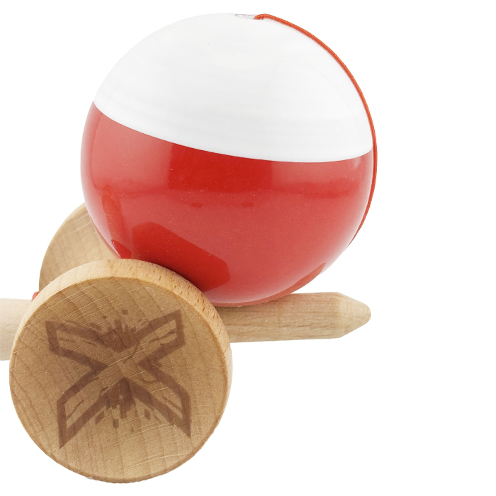 Kendama X Originala, Profesionala, Flippy, Big Cups V2, Super Sticky cu Cupe Mari, Rulment Metalic, din lemn 18 cm, Ata 55 cm, Alb/Rosu [8]