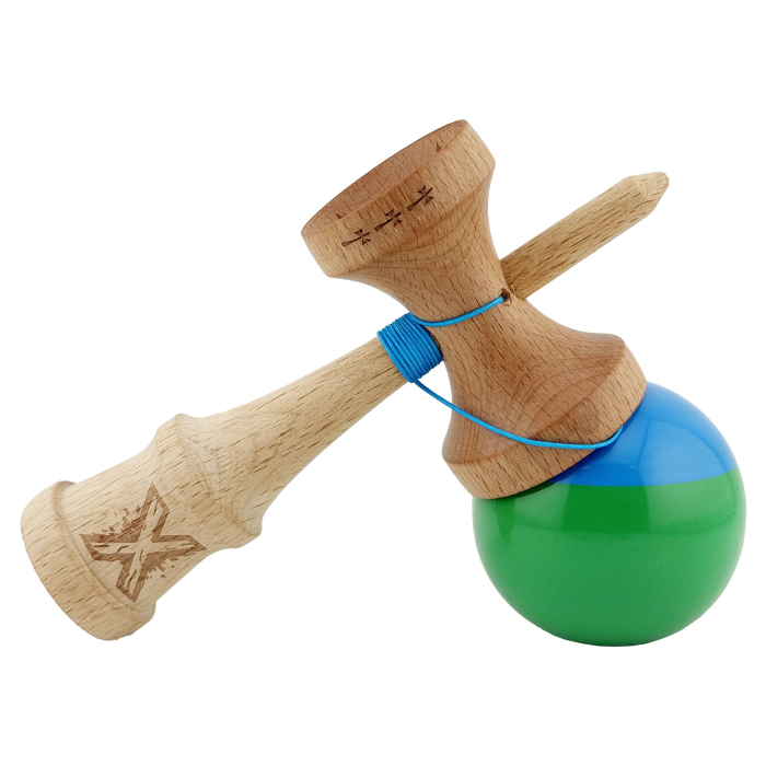 Kendama X Originala, Profesionala, Flippy, Big Cups V2, Super Sticky cu Cupe Mari, Rulment Metalic, din lemn 18 cm, Ata 55 cm, Albastru/Verde [4]