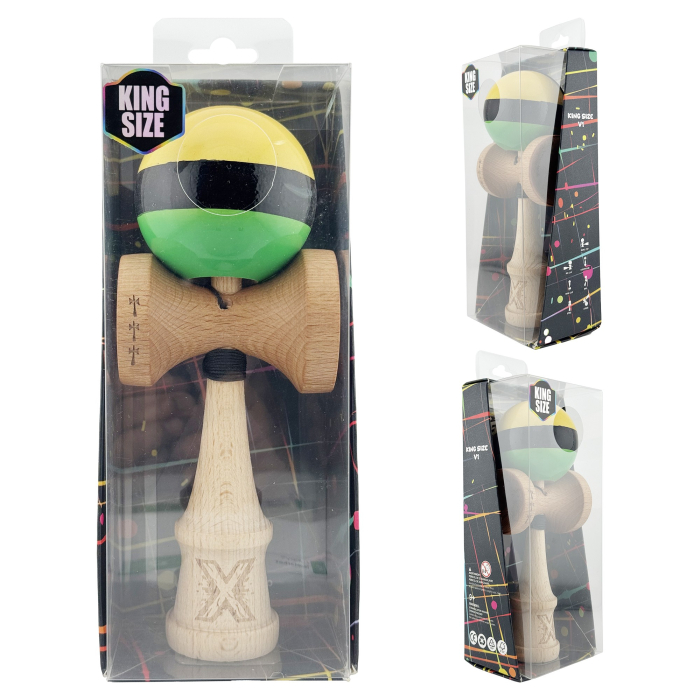 Kendama X Originala, Profesionala, Flippy, Big Cups V2, Super Sticky cu Cupe Mari, Rulment Metalic, din lemn 18 cm, Ata 55 cm, Galben/Negru/Verde [5]