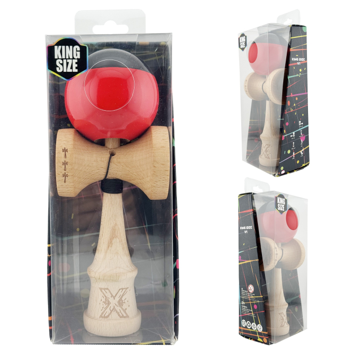 *LICHIDARE STOC* Kendama X Originala, Profesionala, Flippy, Big Cups V2, Super Sticky cu Cupe Mari, Rulment Metalic, din lemn 18 cm, Ata 55 cm, Negru/Rosu [5]