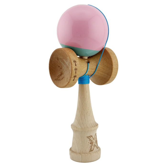 Kendama X Originala, Profesionala, Flippy, Big Cups V2, Super Sticky cu Cupe Mari, Rulment Metalic, din lemn 18 cm, Ata 55 cm, Roz/Verde [2]