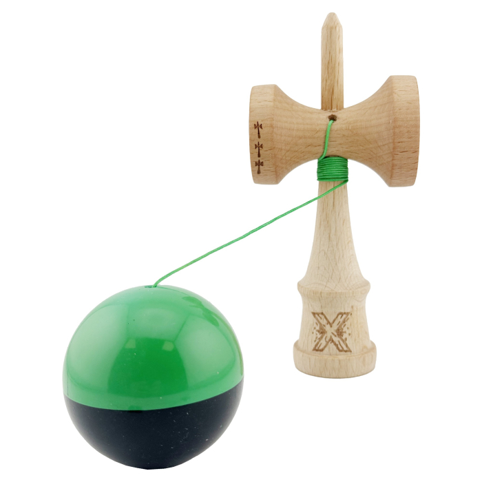 Kendama X Originala, Profesionala, Flippy, Big Cups V2, Super Sticky cu Cupe Mari, Rulment Metalic, din lemn 18 cm, Ata 55 cm, Verde/Negru [2]